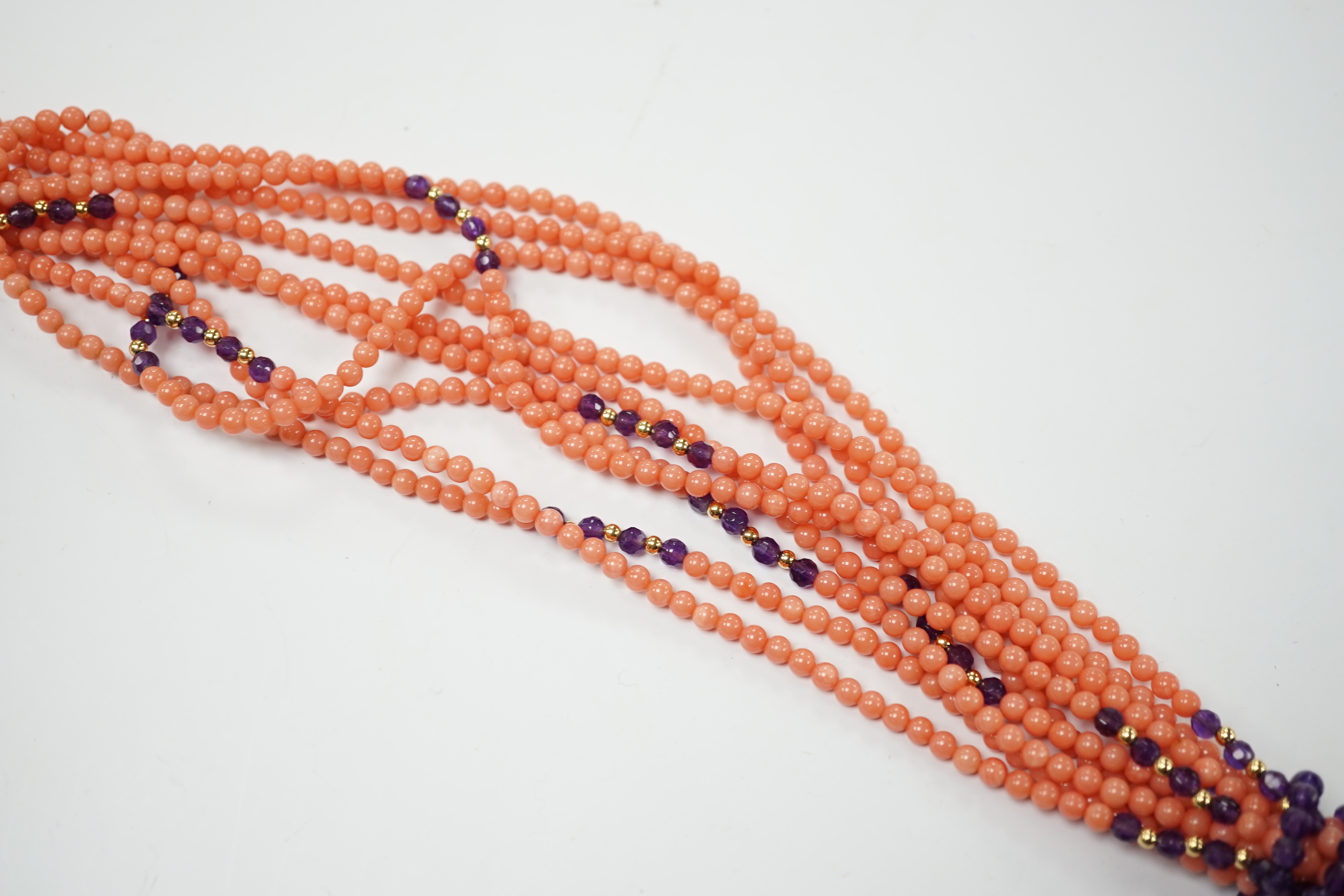 A coral, amethyst and gilt metal soutoir necklace